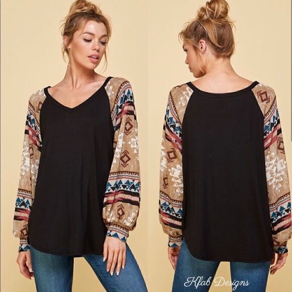 a.gain New! Tribal Aztec Top V Neck Puff Long Sleeve Super Soft Pullover Blouse - Picture 2 of 15